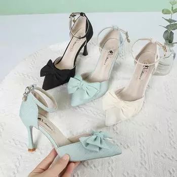 Летние модные туфли на тонком каблуке с бантом и пряжкой в одну линию, полые острые каблуки, женская обувь 39 чёрный