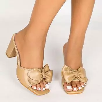 Летние модные женские босоножки-мюли с квадратным носком, сексуальные туфли для вечеринок, большой бант, толстые высокие каблуки, пляжные повседневные женские сандалии 35