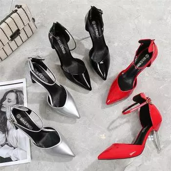 Летние модные женские босоножки на высоком каблуке 10 см, женские красные сандалии на шпильке, блестящие туфли с ремешками для вечеринок в ночном клубе, большие размеры 37 красный