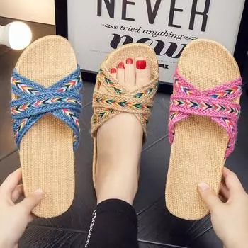 Летние модные женские нескользящие льняные тапочки на толстой подошве 35 чёрный