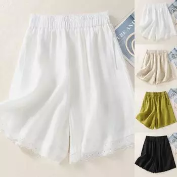 Летние модные женские однотонные повседневные кружевные широкие брюки с эластичной резинкой на талии XL белый