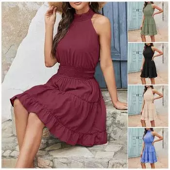 Летние модные женские платья-миди без рукавов, плиссированные вечерние платья с эластичной талией S хаки