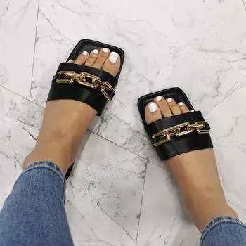 Летние модные женские сандалии, однотонные женские уличные шлепанцы с цепочкой, дышащая пляжная обувь на плоской подошве, женские шлепанцы больших размеров 36 чёрный