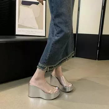 Летние модные женские шлепанцы на танкетке, женские шлепанцы на платформе, летние пляжные тапочки 35 бежевый