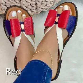 Летние модные женские тапочки 2023 года, большие размеры, плоские шлепанцы с бантом 35 красный