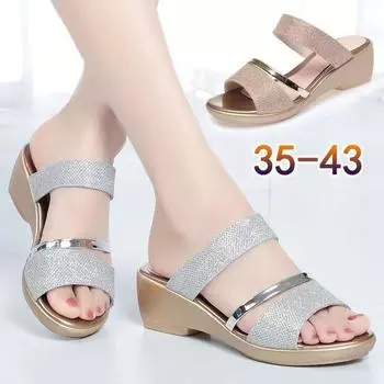 Летние модные женские тапочки, босоножки на среднем каблуке, босоножки с открытым носком, танкетка, женская обувь большого размера, удобные тапочки 35 золотой