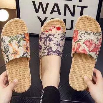 Летние модные женские тапочки из льна 35 красный