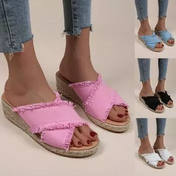 Летние модные женские тапочки на танкетке Сандалии с открытым носком на толстой подошве 37 красный