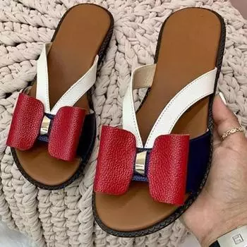 Летние модные женские тапочки, плоские шлепанцы с бантом большого размера 35 красный