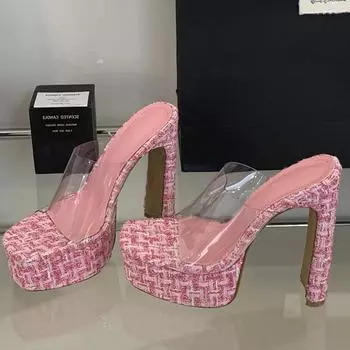 Летние модные женские тапочки с открытым носком, дизайнерские прозрачные туфли из ПВХ на квадратной платформе с каблуками для банкета 35 чёрный