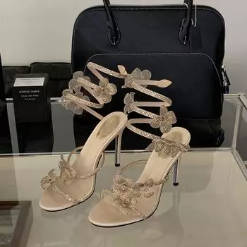 Летние модные женские туфли-лодочки, модные босоножки на высоком каблуке со стразами и цветочным принтом, женские свадебные туфли 35