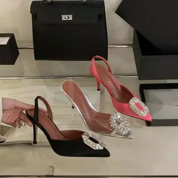 Летние модные женские туфли-лодочки с острыми носками, пряжкой из хрусталя, атласными ремешками на щиколотке, на шпильках, на высоком каблуке, женские туфли для вечеринок 35