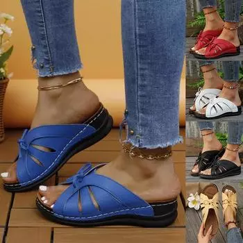 Летние модные женские туфли на танкетке с бантом, шлепанцы на платформе, обувь на высоком каблуке, пляжные шлепанцы, женские сандалии, повседневные шлепанцы, большой размер 43 36 красный