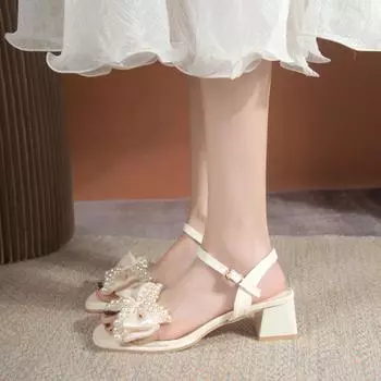Летние модные женские туфли на толстом каблуке с квадратным носком и жемчужным бантом, новые износостойкие элегантные повседневные сандалии с неглубоким носком 35