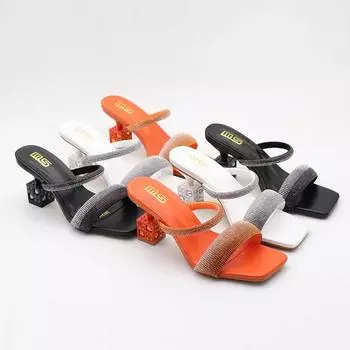 Летние модные женские туфли на высоком каблуке для верхней одежды с квадратным носком и стразами большого размера, сексуальные туфли на высоком каблуке оранжевого цвета для вечеринок 36