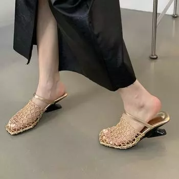Летние модные женские туфли на высоком каблуке с квадратным носком, сетчатые, полые, дышащие, золотисто-серебряные, на танкетке, повседневные туфли для женщин 35