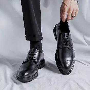 Летние молодежные британские корейские туфли в деловом стиле, мужские кожаные туфли, черные свадебные туфли 6955-R 38 чёрный