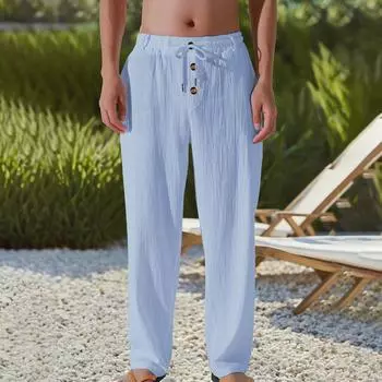 Летние мужские белые льняные брюки - Повседневная и дышащая пляжная одежда, идеально подходящая для отпуска и повседневной носки. Дизайн с прямыми штанинами. S синий