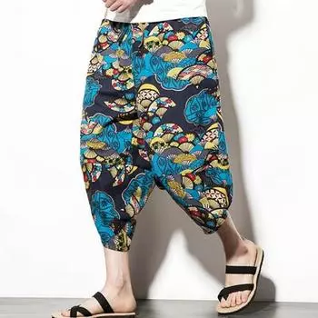 Летние мужские брюки больших размеров с ретро-принтом в этническом стиле с боковыми карманами на шнурке с эластичной резинкой на талии Свободные повседневные повседневные укороченные брюки для отдыха на пляже M оранжевый