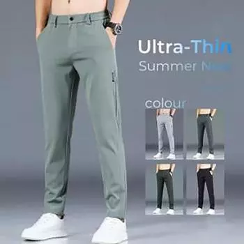 Летние мужские брюки Ice Silk Stretch, повседневные гладкие брюки с эластичной талией, брендовая одежда 38 чёрный