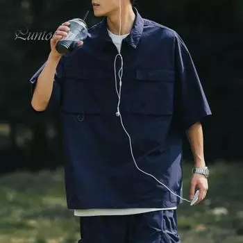 Летние мужские брюки-карго с нагрудными карманами, сплошной цвет, свободная молния, большие размеры, хип-хоп, уличная одежда, большие размеры, половина рукава, полуоткрытый отложной воротник, средней длины M хаки