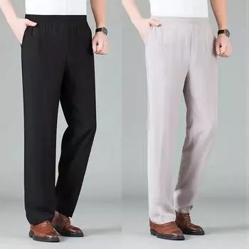 Летние мужские брюки, тонкие свободные дышащие мужские брюки с высокой талией, большие размеры L чёрный