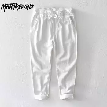 Летние простые мужские брюки из дышащего хлопка рами, пляжные, повседневные, мешковатые, длинные брюки, однотонные, с эластичной резинкой на талии M белый