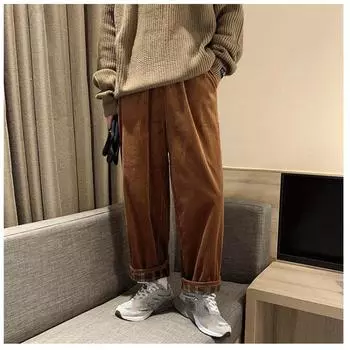 Летние мужские брюки, вельветовые мужские брюки в американском стиле ретро, новые модные свободные повседневные широкие брюки, однотонные мужские брюки