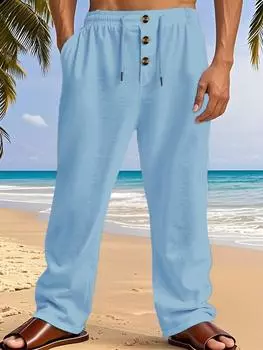 Летние мужские черные льняные брюки - Повседневная дышащая пляжная одежда, Идеально подходят для отпуска и повседневной носки, Дизайн с прямыми штанинами S синий