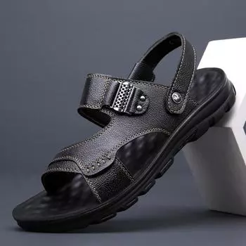 Летние мужские деловые черные мягкие дышащие сандалии с массажной подошвой мужские кожаные сандалии большого размера: 38-48 Прямые продажи с завода 38 чёрный