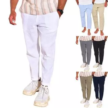 Летние мужские дышащие хлопковые льняные брюки в стиле хип-хоп, однотонные белые, черные свободные повседневные спортивные брюки M чёрный
