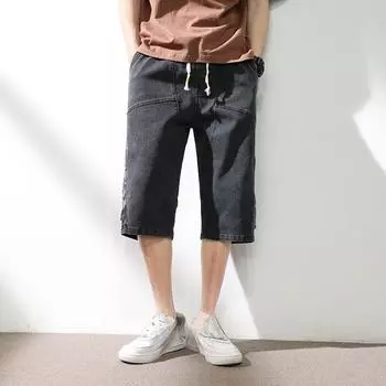 Летние мужские джинсы, бриджи из денима, повседневные шорты длиной до икры, прямые капри из стираного хлопка на шнурке, большой размер 8XL S синий