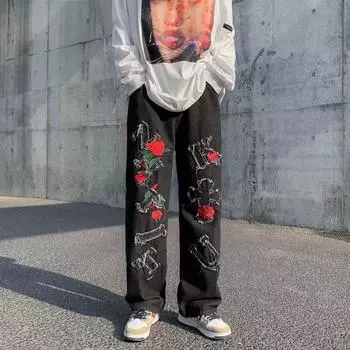 Летние мужские джинсы с вышивкой в американском стиле, прямые свободные брюки в стиле ретро, повседневные брюки для улицы, однотонные брюки, большой размер S чёрный