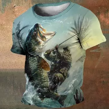 Летние мужские футболки Футболка с рисунком рыбалки Топ с 3D-принтом Хип-хоп Свободные футболки с коротким рукавом Уличная одежда Большие винтажные футболки S