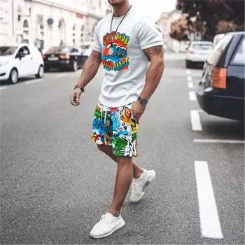 Летние мужские футболки, комплекты для бега, спортивный костюм, винтажный 3D-принт, два предмета, костюм оверсайз, брюки, повседневная одежда S