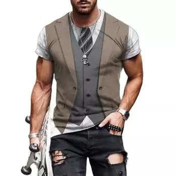 Летние мужские футболки с круглым вырезом, поддельные, из двух частей, повседневные, свободного кроя, подходят для активного отдыха, универсальные, трендовые футболки S