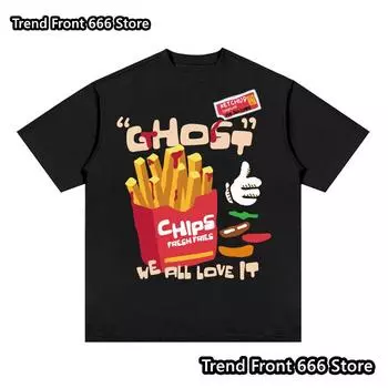 Летние мужские футболки с принтом американской картошки фри из хлопка, модные футболки с чипсами и забавными узорами, мужские топы с коротким рукавом для улицы 100cm