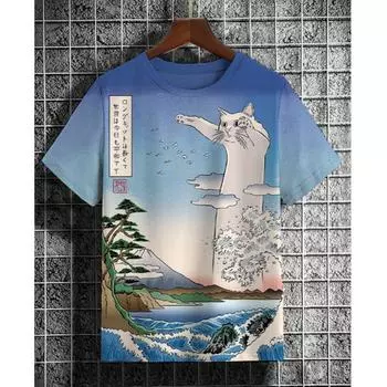 Летние мужские футболки с рисунком животных, кошек, 3D-принт, модная дышащая футболка с коротким рукавом в стиле аниме для мужчин, одежда S