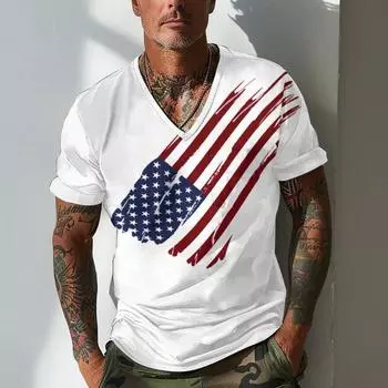 Летние мужские футболки свободного покроя с коротким рукавом и V-образным вырезом с принтом флага S белый