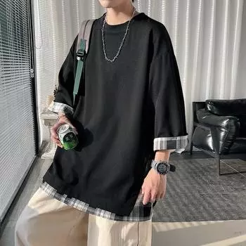 Летние мужские футболки свободного покроя средней длины, большие размеры, рукава три четверти, уличный стиль, топ для активного отдыха XS