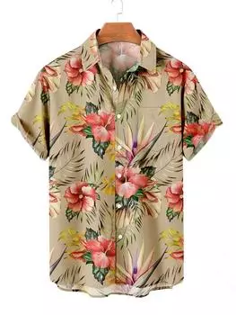 Летние мужские гавайские рубашки с цветочным принтом, повседневные рубашки с коротким рукавом с 3D-принтом, рубашки на пуговицах с воротником, модная уличная одежда для мужчин S
