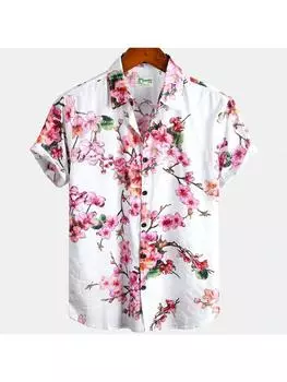 Летние мужские гавайские рубашки с цветочным принтом, повседневные рубашки с коротким рукавом с 3D-принтом, рубашки на пуговицах с воротником, модная уличная одежда для мужчин S