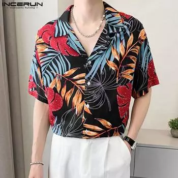 Летние мужские гавайские рубашки с короткими рукавами и лацканами в богемном стиле с принтом листьев