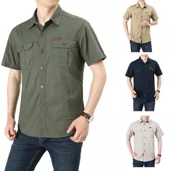 Летние мужские хлопковые рубашки больших размеров, рубашка-поло с короткими рукавами, деловая повседневная свободная дышащая впитывающая пот рубашка M армия зеленый