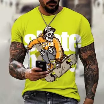 Летние мужские и женские футболки с черепом на улице, скейтбордом, футболки с короткими рукавами и героями мультфильмов, повседневные модные топы с 3D принтом 6XL