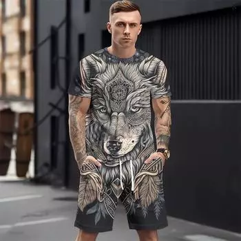 Летние мужские комплекты футболок, модная одежда с 3D принтом животных, необходимая одежда для мужчин, повседневный спортивный костюм, спортивный костюм из двух предметов для бега, спортзала L
