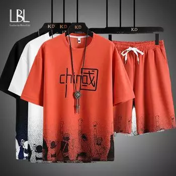 Летние мужские комплекты из двух предметов с аниме-принтом, футболка + шорты, костюмы с градиентом, льняная ткань, повседневный костюм, мужской спортивный костюм с короткими рукавами M