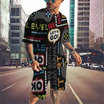 Летние мужские комплекты одежды, забавные футболки с 3D принтом букв, спортивный костюм, трендовая спортивная одежда в стиле хип-хоп, повседневная футболка из 2 предметов + шорты, наряды 4XL