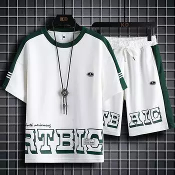 Летние мужские комплекты с круглым вырезом, повседневный спортивный костюм, футболка, шорты, костюм, лоскутные шорты, комплекты, свободная спортивная одежда для бега, комплект из двух предметов S