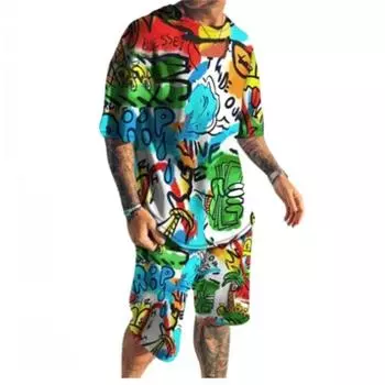 Летние мужские корейские комплекты с 3D принтом и цифровой печатью, футболка с круглым вырезом, короткий рукав и шорты, повседневный комплект из 2 предметов для африканского мужского костюма 6XL